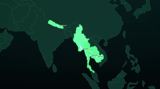 Southeast Asia Temples Route on Dark Map, Bangkok Siem Reap Yangon Kathmandu Animated Travel Motion Graphics Seamless Loop, 4K