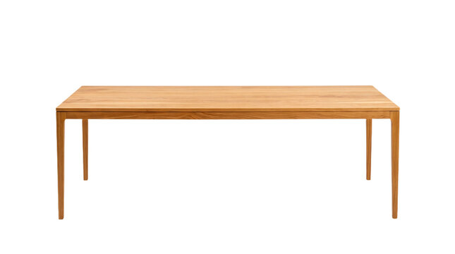 Modern rectangular wooden dining table with natural grain, slim legs and clean minimalist design isolated as transparent PNG furniture cutout