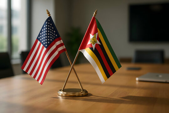 Small desk flags of the united states and zimbabwe positioned on a wooden conference table in a blurred office for diplomatic negotiations