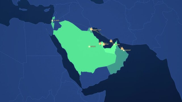 Middle East Business Network on Corporate Map, Dubai Doha Riyadh Tel Aviv Animated Finance Motion Graphics Seamless Loop, 4K
