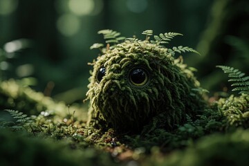 Obraz premium Small moss creature with big round eyes sits in rich green forest. Fern fronds sprout from its fuzzy body. Creature blends with forest floor environment and natural flora.