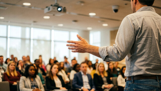 Speaker gesturing to an attentive audience during a business presentation or seminar in a modern conference room