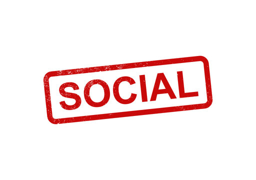 Red grunge rubber stamp style icon with the word social inside a rectangular border for digital media and community communication concept isolated on a plain surface for graphic design