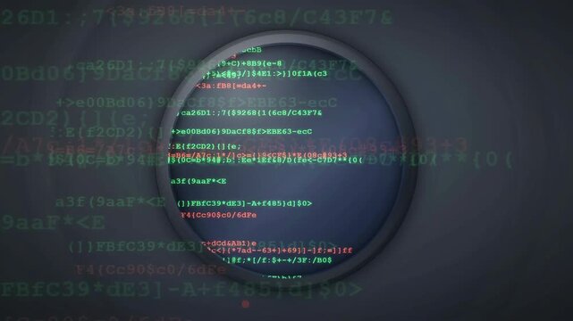Digital data stream and binary code flowing over a futuristic circular interface on dark background