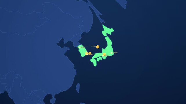 Korea Japan Business Network on Corporate Map, Seoul Busan Tokyo Osaka Animated Finance Motion Graphics Seamless Loop, 4K