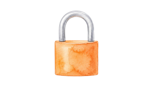 Watercolor orange padlock with silver shackle isolated on transparent background, security and privacy lock cutout for protection design elements