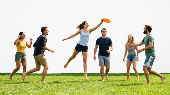 A group of six people joyfully playing frisbee on a lush green field. White background
