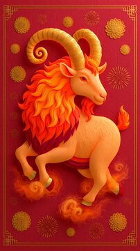Fiery ram with golden horns strides forward