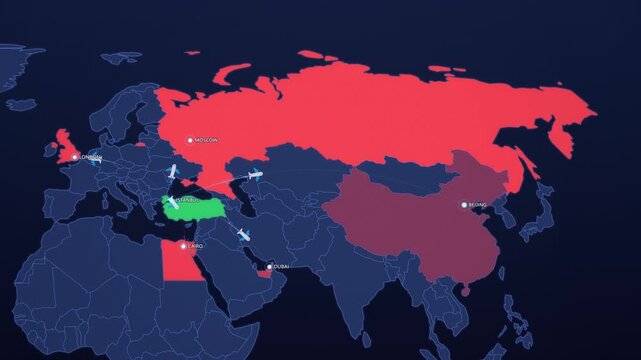 Istanbul Global Crossroads on Neon Map, Flights to London Moscow Cairo Dubai Beijing Animated Motion Graphics Seamless Loop, 4K