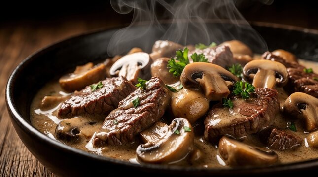 Steaming beef stroganoff served in dark bowl. Sliced beef, fresh mushrooms cooked in creamy white sauce. Garnished with green parsley on rustic wooden table. Hot delicious russian stew meal for