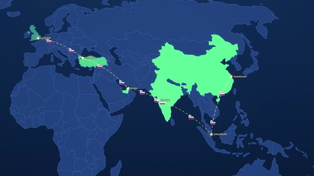 Europe to Asia Shipping Bridge on Corporate Map, London Istanbul Dubai Singapore Shanghai Animated Motion Graphics Seamless Loop, 4K