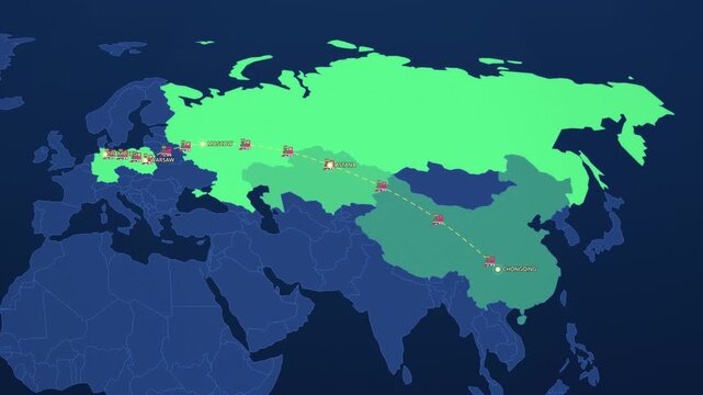 New Silk Road Freight Trains on Corporate Map, Chongqing Astana Moscow Hamburg Animated Logistics Motion Graphics Seamless Loop, 4K