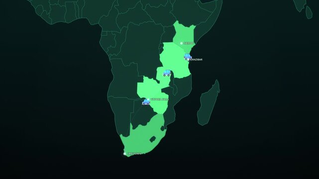 African Safari Route on Dark Map, Nairobi Zanzibar Victoria Falls Cape Town Jeep Animated Motion Graphics Seamless Loop, 4K