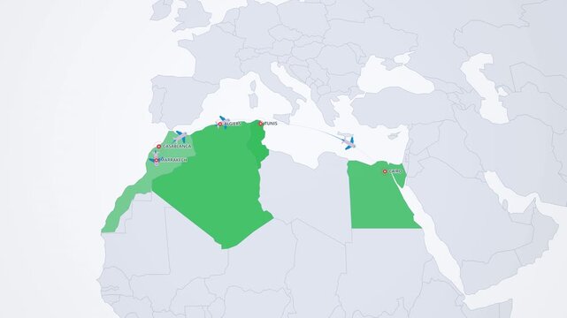 North Africa Travel Route on Light Map, Casablanca Marrakech Algiers Tunis Cairo Animated Motion Graphics Seamless Loop, 4K