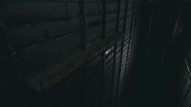 Low lit security corridor with bars, surveillance camera glinting on mesh, red indicator LED and locked gate, keypad console and tense atmosphere suggesting