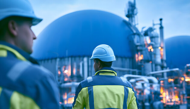 Anaerobic digester biogas dome membrane in sharp focus and blurred technicians behind. Concept of organic waste energy processing