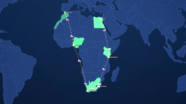 African Trade Ports Shipping Route on Corporate Map, Tangier Lagos Durban Mombasa Animated Logistics Motion Graphics Seamless Loop, 4K