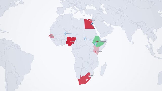 African Capitals Network on Light Map, Addis Ababa Cairo Abuja Pretoria Dakar Animated Motion Graphics Seamless Loop, 4K