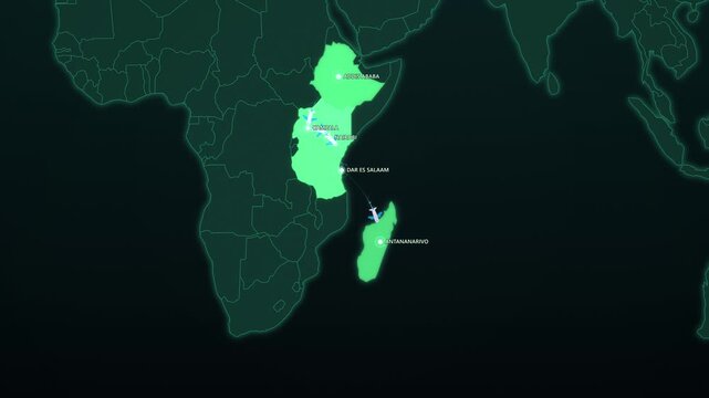 East Africa Travel Route on Dark Map, Addis Ababa Nairobi Zanzibar Madagascar Animated Motion Graphics Seamless Loop, 4K