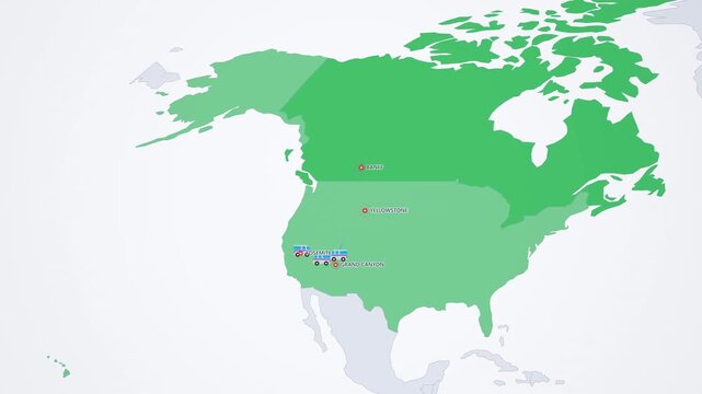 USA National Parks Camper Route on Light Map, Yellowstone Grand Canyon Yosemite Banff Animated Motion Graphics Seamless Loop, 4K