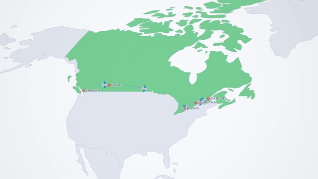 Canada Coast to Coast Travel Route on Light Map, Vancouver Calgary Toronto Montreal Animated Motion Graphics Seamless Loop, 4K