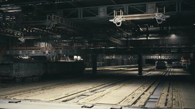 Empty rusted cargo hold with dim overhead lighting, scattered pallets and riveted steel floor long shadows, gritty textures and echoing silence, staged