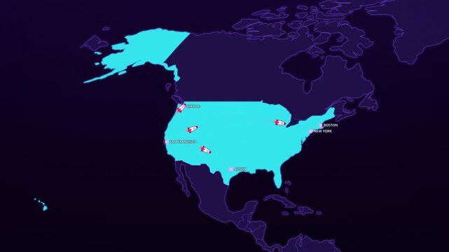 USA Tech Hubs Network on Cyber Map, San Francisco Seattle Austin Boston New York Animated Motion Graphics Seamless Loop, 4K