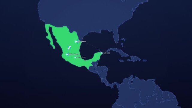 Mexico Travel Route on Neon Map, Mexico City Guadalajara Monterrey Cancun Animated Motion Graphics Seamless Loop, 4K