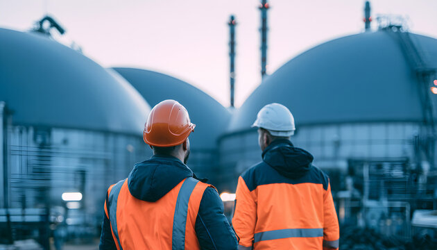 Anaerobic digester biogas dome membrane in sharp focus and blurred technicians behind. Concept of organic waste energy processing