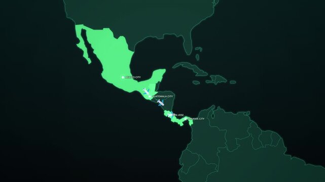 Central America Travel Route on Dark Map, Mexico City Guatemala San Jose Panama Animated Motion Graphics Seamless Loop, 4K