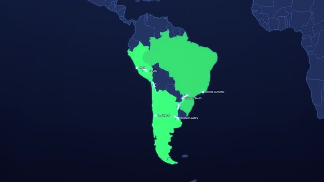 South America Travel Highlights on Neon Map, Rio Iguazu Buenos Aires Cusco Lima Animated Motion Graphics Seamless Loop, 4K