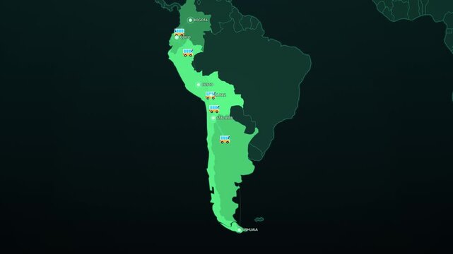 Andes Mountains Bus Route on Dark Map, Bogota Quito Cusco La Paz Ushuaia Animated Motion Graphics Seamless Loop, 4K