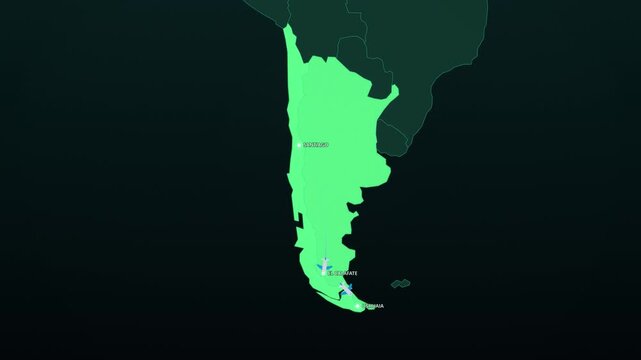 Patagonia Expedition Route on Dark Map, Santiago El Calafate Ushuaia Animated Adventure Motion Graphics Seamless Loop, 4K