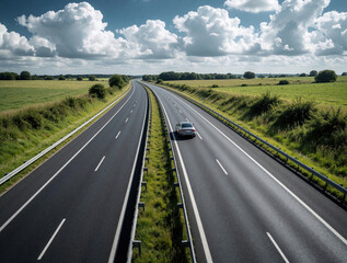 Naklejka premium Modern silver car drives on empty multilane asphalt highway through rural green farmland countryside. Wide open paved road stretches toward horizon under cloudy blue sky. Transportation