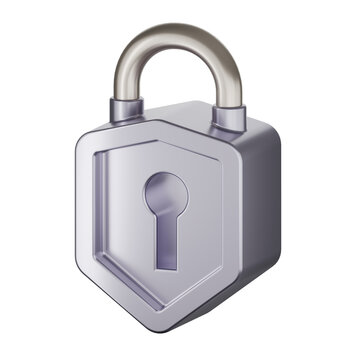 Metal shield lock for cybersecurity and data protection. 3D icon.