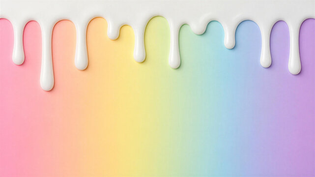 streams of white paint, cream or milk on a rainbow-colored light background, horizontal banner, free space for text, copy space