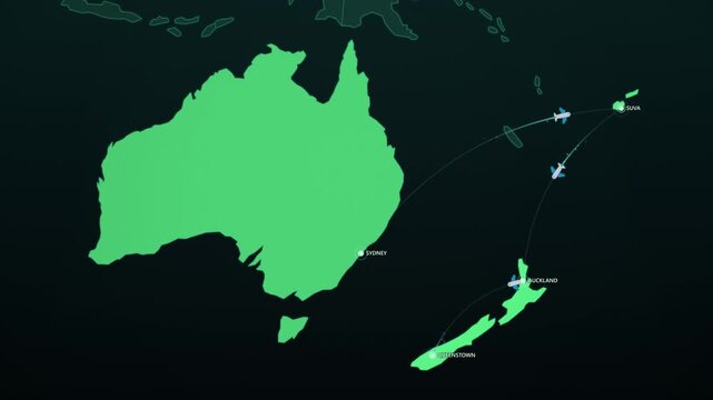 Pacific Islands Flight Route on Dark Vertical Map, Sydney Fiji Auckland Queenstown Animated Motion Graphics Seamless Loop, 4K