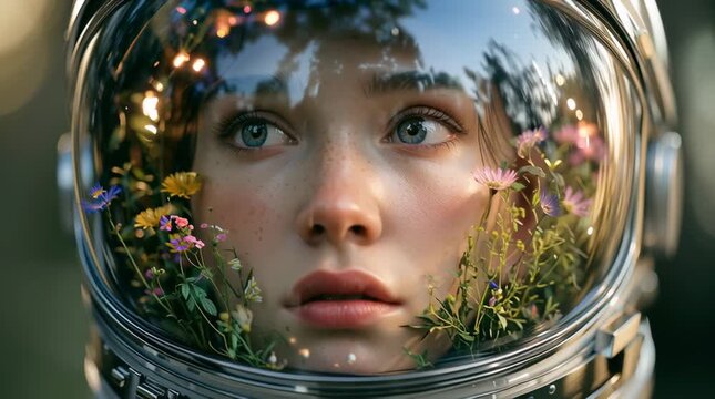 Surreal Female Astronaut Portrait with Wildflowers Reflected in Space Helmet Visor Symbolizing Nature, Technology and Future Exploration