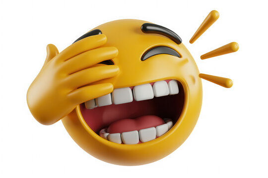 3d rendered hysterical laughing emoji covering eyes expressing extreme joy and amusement
