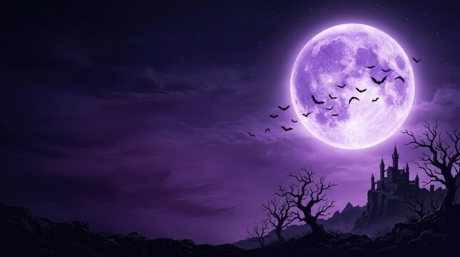 Spooky Halloween castle landscape background with purple full moon and copy space