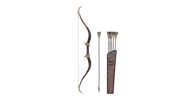 3d rendering bow and arrow set with quiver and arrows displayed