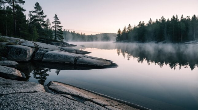 Misty morning over calm lake with granite rocks, pine forest reflection. Soft fog drifts above water surface at sunrise. Tranquil wilderness landscape provides peaceful environment for outdoor travel