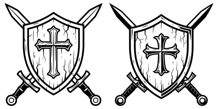 Medieval wooden shields with cross and crossed swords heraldic emblem heraldic medieval knightly
