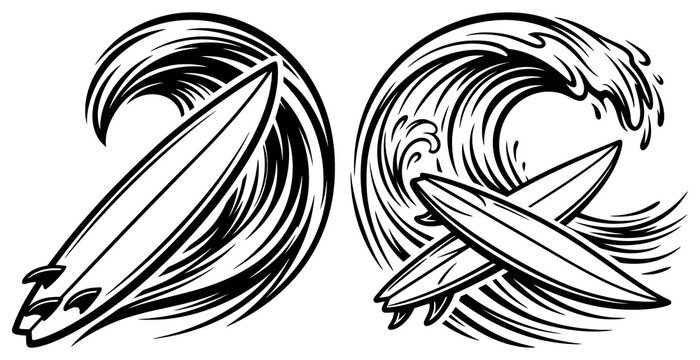 Black and white surfboards with ocean waves vector illustration set surfboard adventure lifestyle