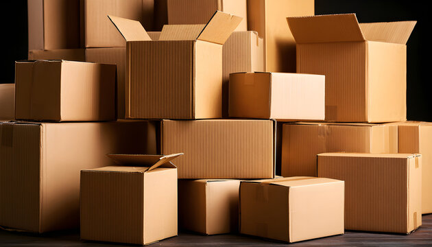 Stacked corrugated cardboard shipping boxes for packaging and storage.