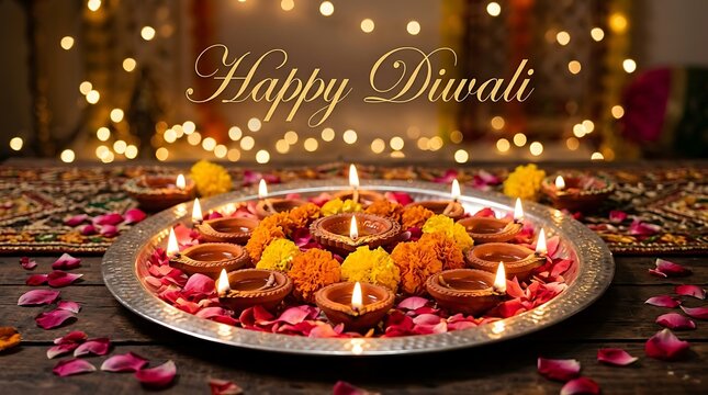 A beautiful festive tray with lit oil lamps and flowers celebrating the traditional indian festival happy diwali