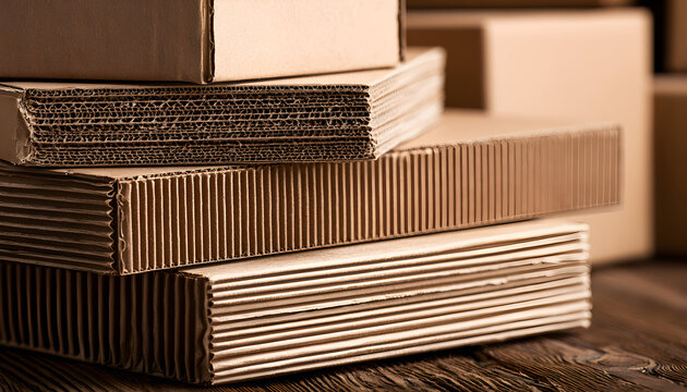 Stacked corrugated cardboard shipping boxes for packaging and storage.