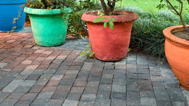 Vibrant potted plants arranged along a textured stone paver patio, creating a colorful and inviting outdoor garden space for relaxation and landscaping design