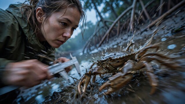 Dedicated female marine biologist measuring a live mud crab with a caliper during field research in a wet mangrove forest environment