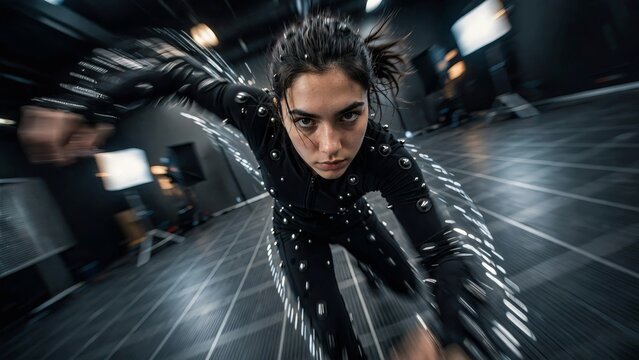 A female motion capture actor of Caucasian origin in a black suit with markers running aggressively toward the camera in a dark film studio with dramatic motion blur